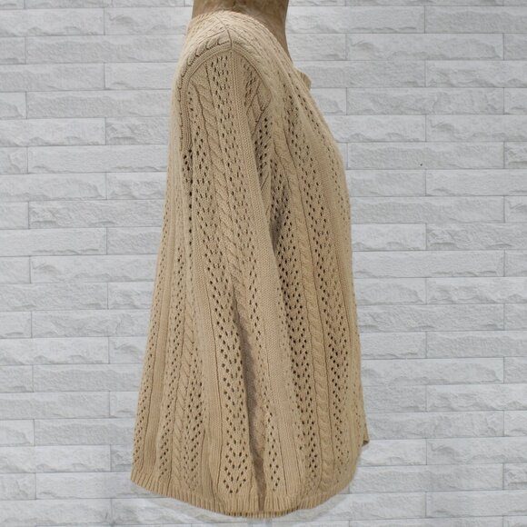 EDDIE BAUER Cardigan Sweater Knit Cable Knit Open Weave Neutral Tan Cotton Large - Picture 3 of 10